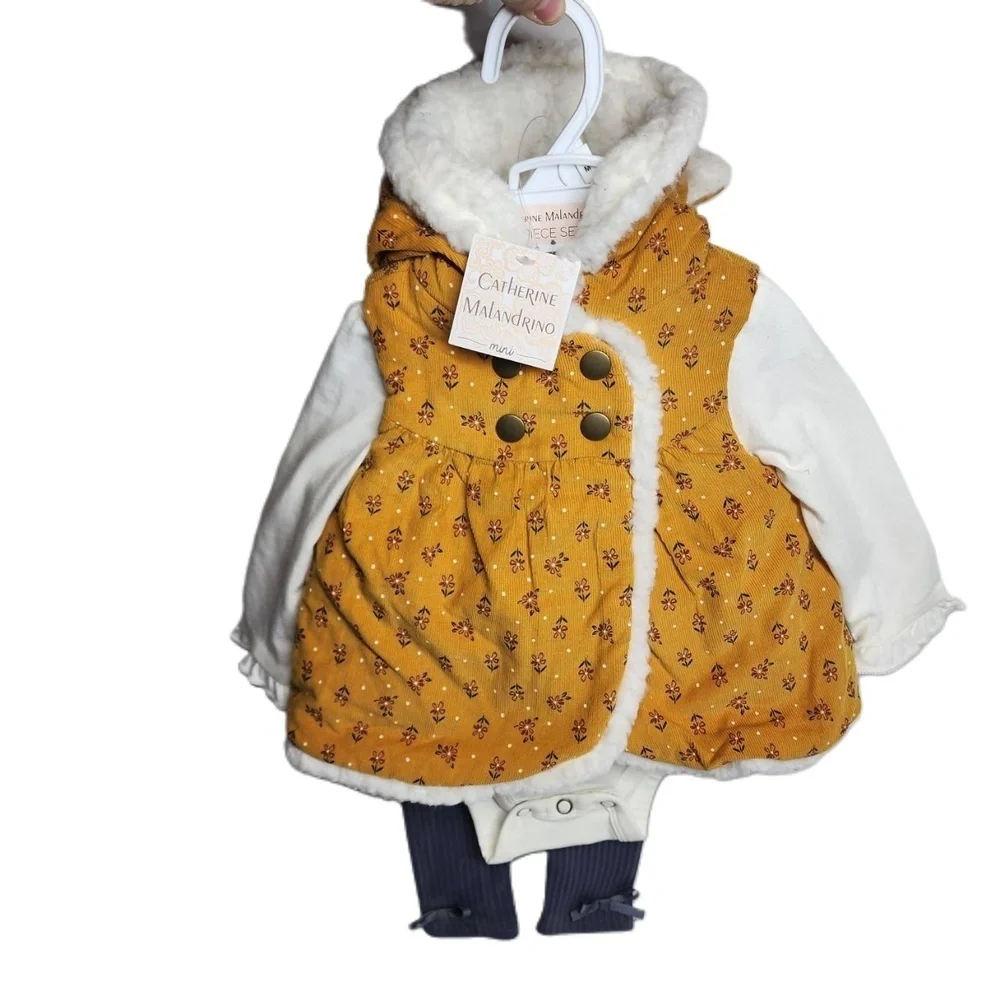 NWT Catherine‎ Malandrino Floral Faux Fur Lined Corduroy 3 Piece Set Size 6M